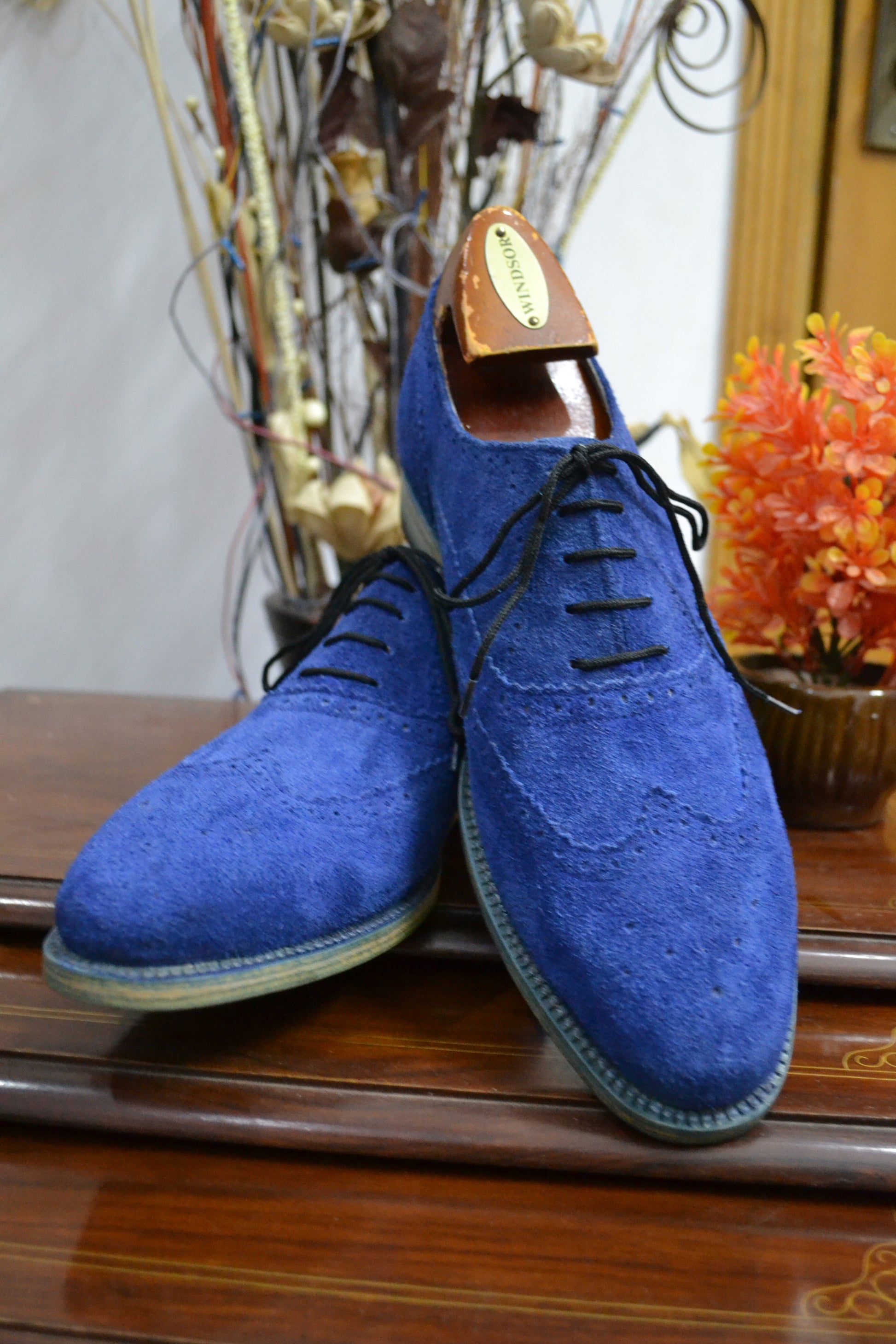 Handmade Blue Color Genuine Leather Brogue's Stylish Wing Tip Lace Up Oxfords Dress Shoes For Men's