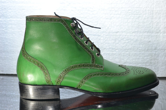 Handmade Green Color Genuine Calf Leather Half Ankle Stylish Wing Tip Brogue's Boots For Men's