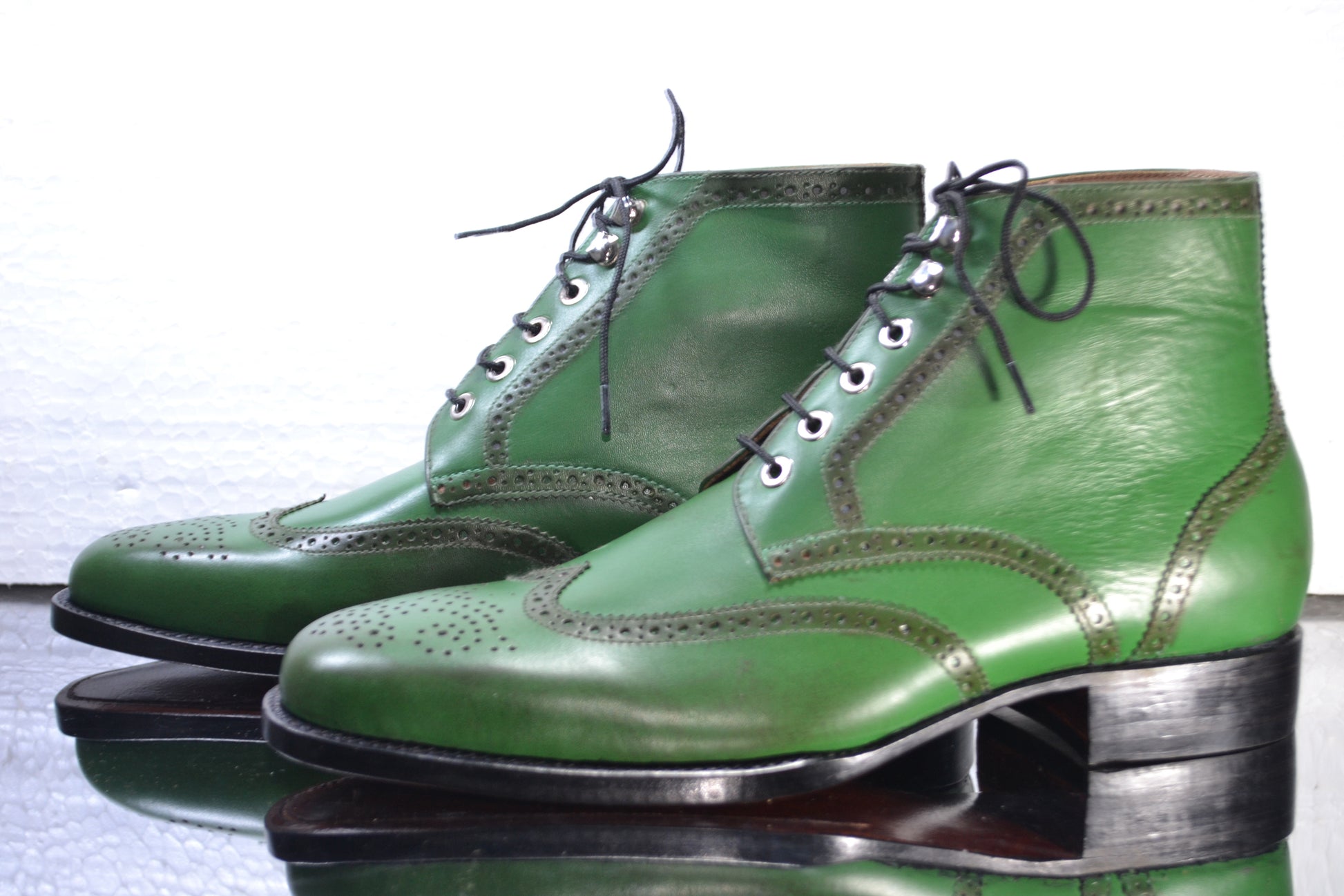 Handmade Green Color Genuine Calf Leather Half Ankle Stylish Wing Tip Brogue's Boots For Men's