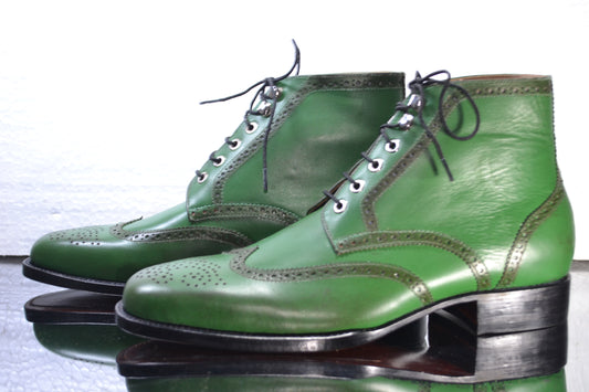 Handmade Green Color Genuine Calf Leather Half Ankle Stylish Wing Tip Brogue's Boots For Men's