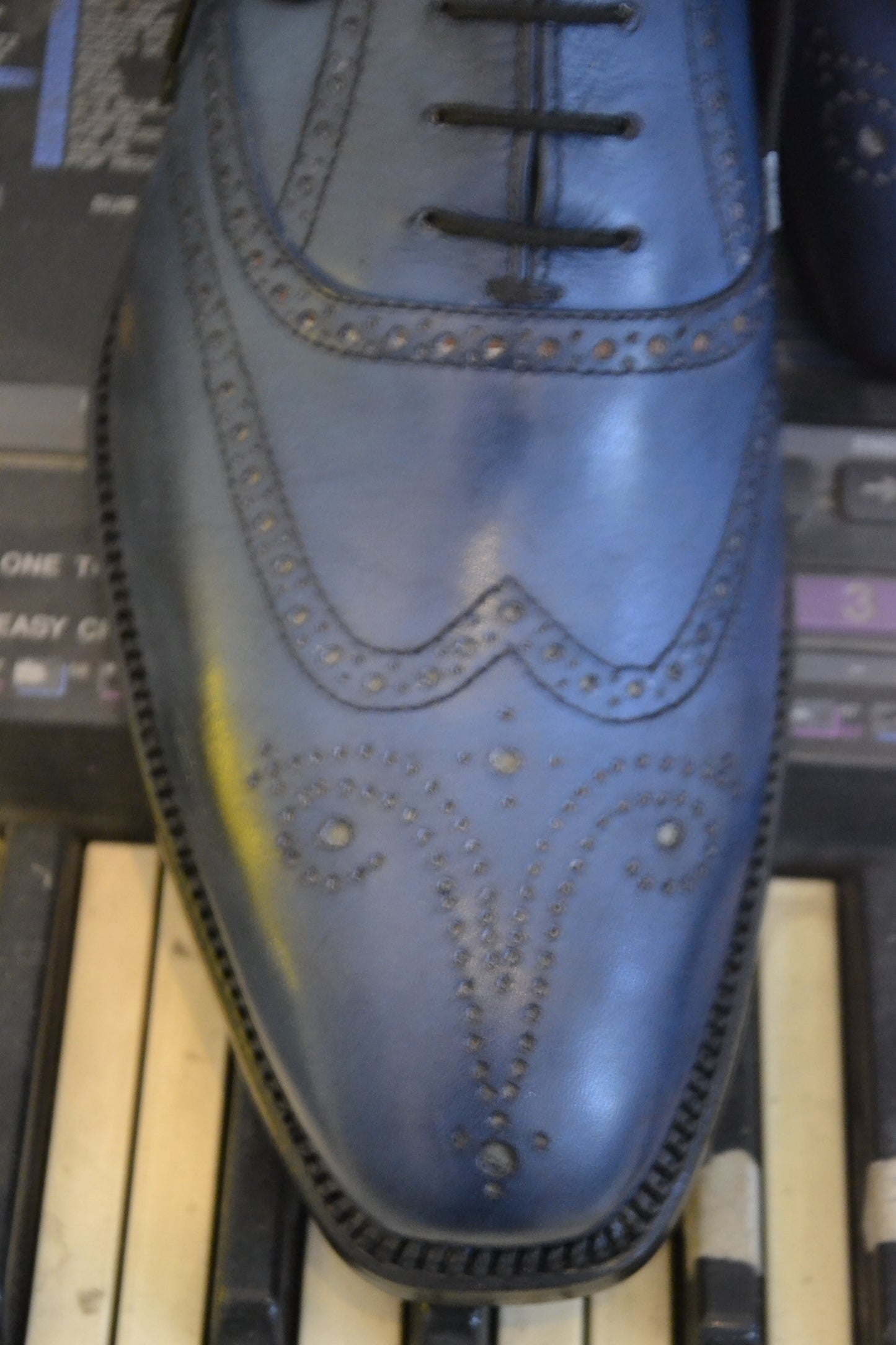 Handmade Dark Blue Color Genuine Leather Brogue's Stylish Wing Tip Lace Up Oxfords Dress Shoes For Men's
