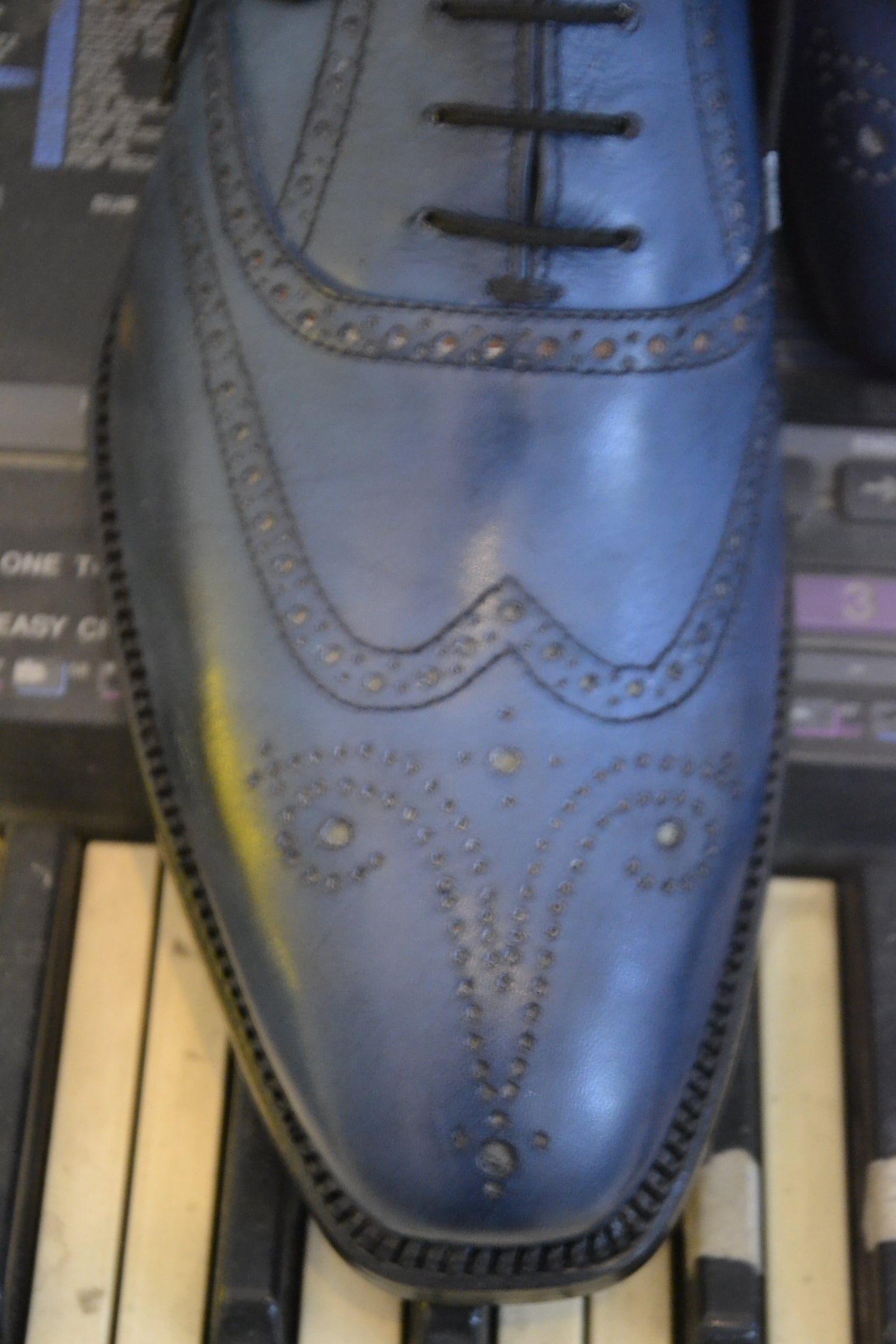 Handmade Dark Blue Color Genuine Leather Brogue's Stylish Wing Tip Lace Up Oxfords Dress Shoes For Men's