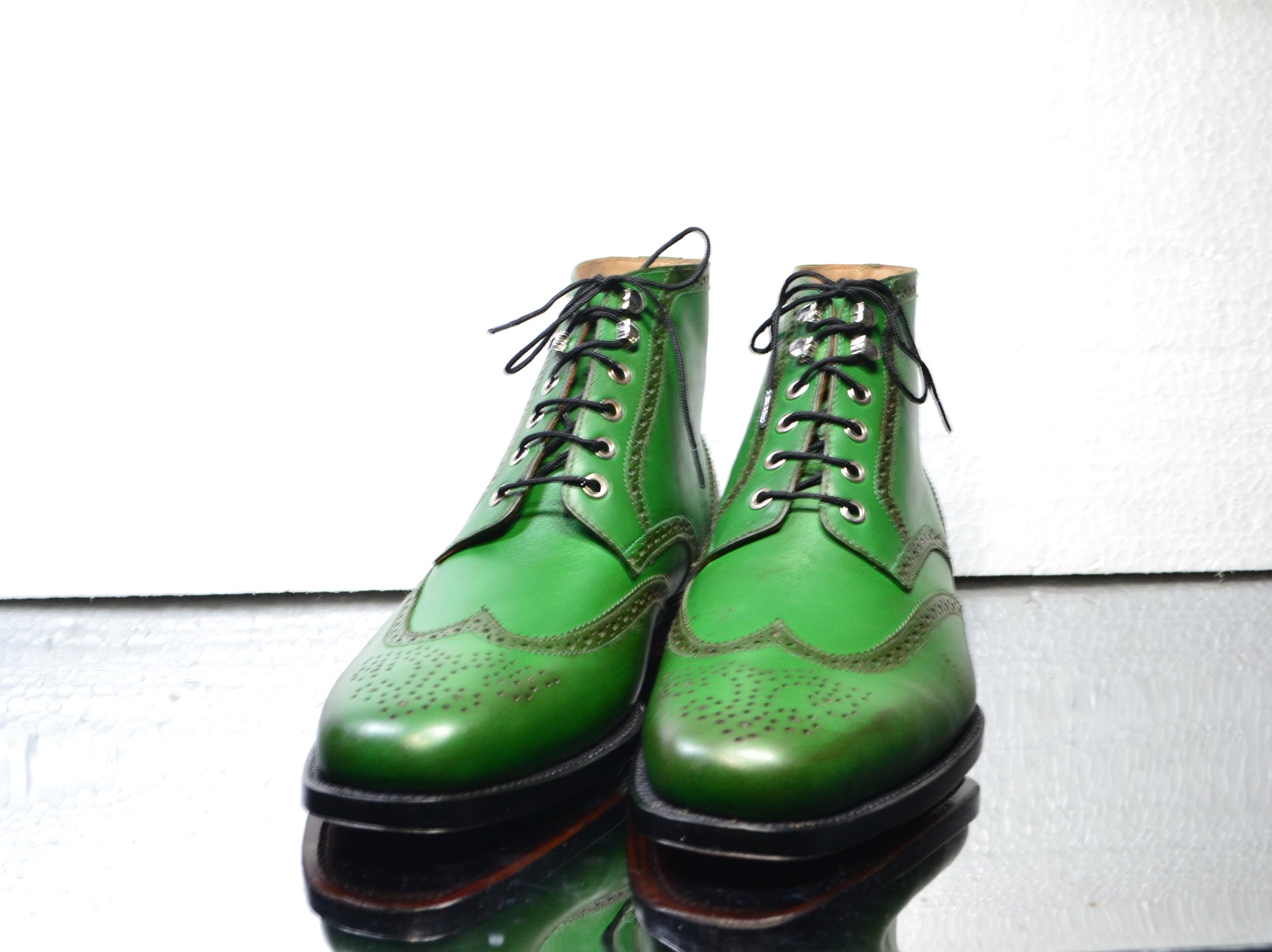 Handmade Green Color Genuine Calf Leather Half Ankle Stylish Wing Tip Brogue's Boots For Men's