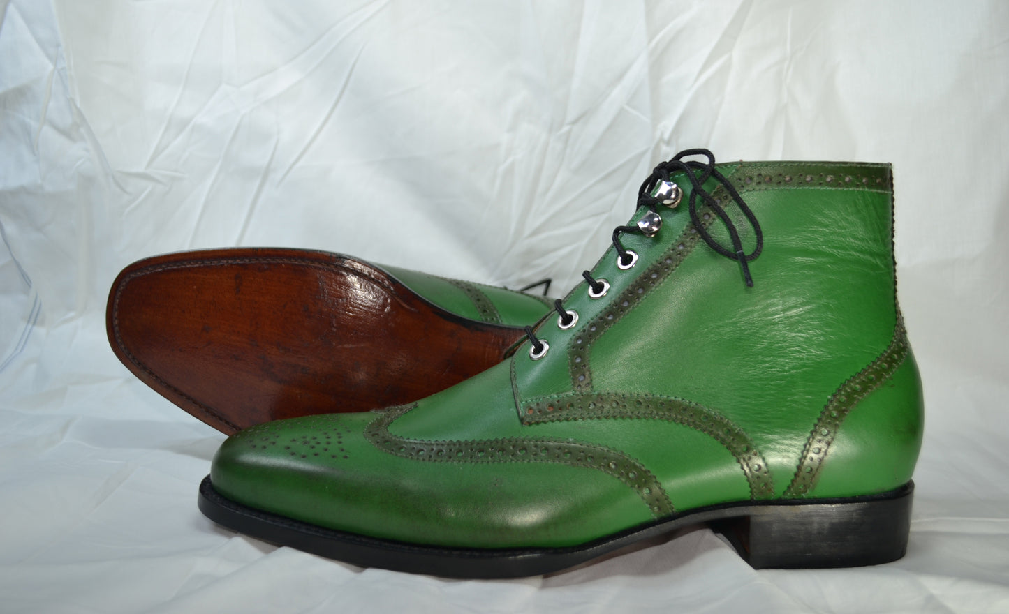 Handmade Green Color Genuine Calf Leather Half Ankle Stylish Wing Tip Brogue's Boots For Men's