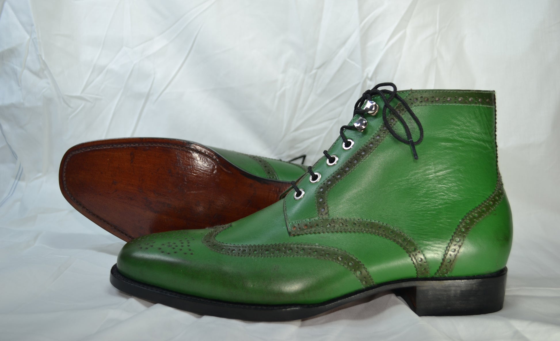 Handmade Green Color Genuine Calf Leather Half Ankle Stylish Wing Tip Brogue's Boots For Men's