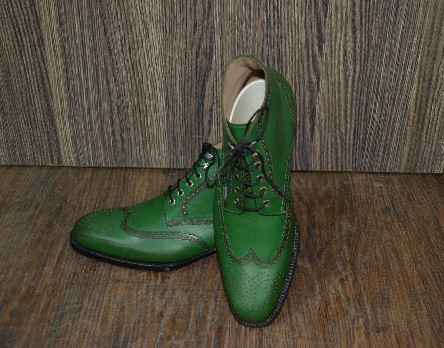 Handmade Green Color Genuine Calf Leather Half Ankle Stylish Wing Tip Brogue's Boots For Men's