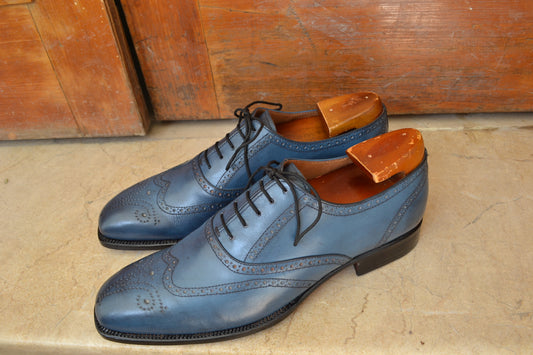 Handmade Dark Blue Color Genuine Leather Brogue's Stylish Wing Tip Lace Up Oxfords Dress Shoes For Men's