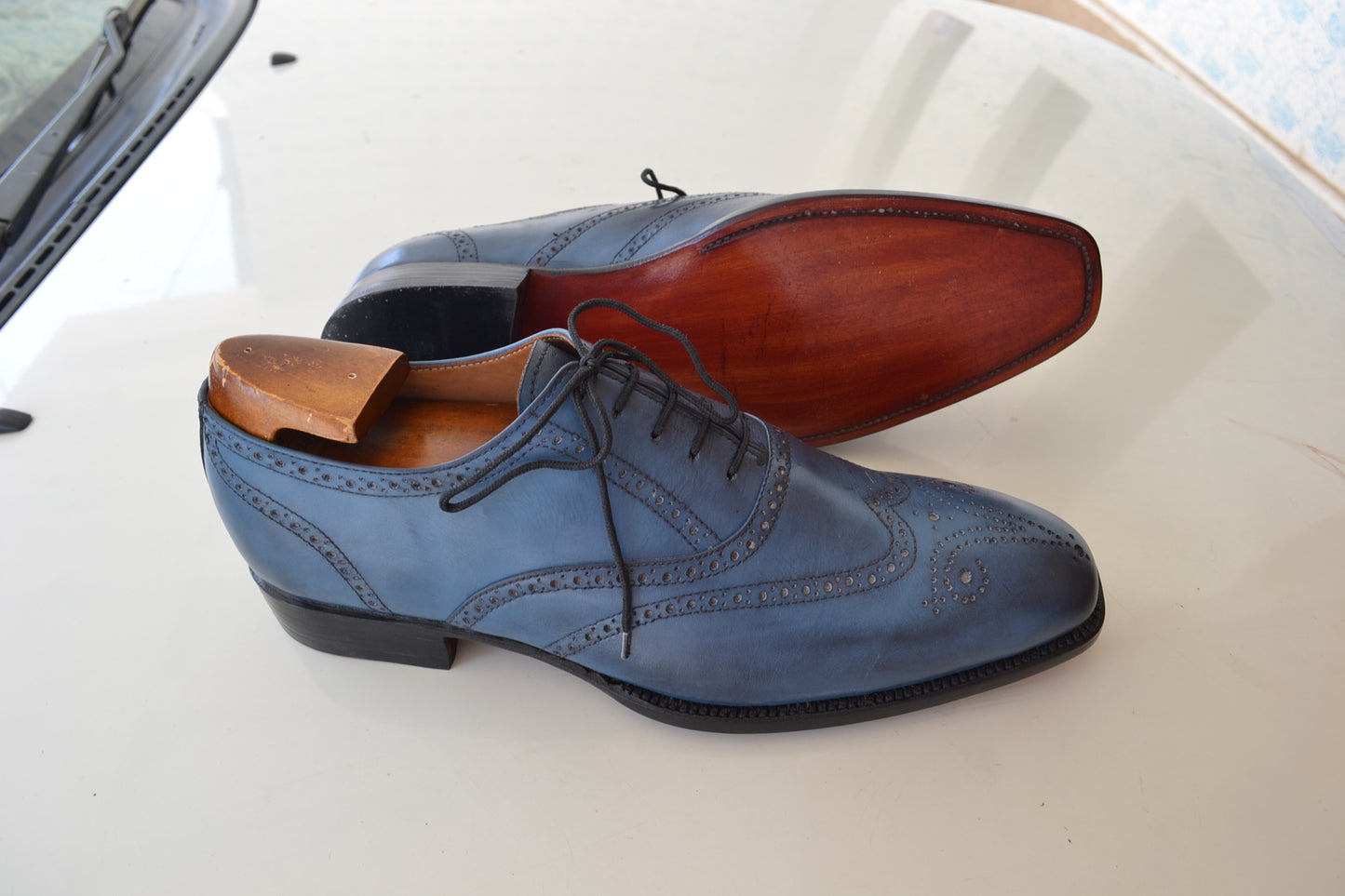 Handmade Dark Blue Color Genuine Leather Brogue's Stylish Wing Tip Lace Up Oxfords Dress Shoes For Men's