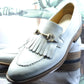 Handmade White Color Genuine Calf Leather Stylish Apron Toe Fringed Bearded Leather Slip-On Loafers Shoes For Men's