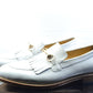 Handmade White Color Genuine Calf Leather Stylish Apron Toe Fringed Bearded Leather Slip-On Loafers Shoes For Men's