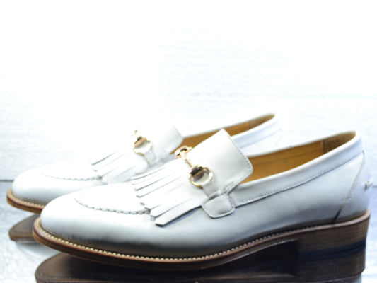 Handmade White Color Genuine Calf Leather Stylish Apron Toe Fringed Bearded Leather Slip-On Loafers Shoes For Men's