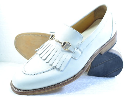 Handmade White Color Genuine Calf Leather Stylish Apron Toe Fringed Bearded Leather Slip-On Loafers Shoes For Men's