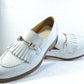 Handmade White Color Genuine Calf Leather Stylish Apron Toe Fringed Bearded Leather Slip-On Loafers Shoes For Men's