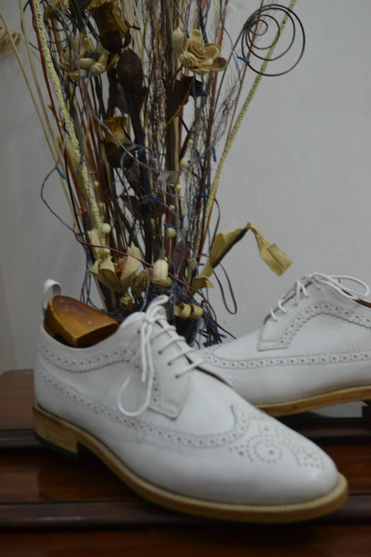 Handmade White Color Genuine Leather Wing Tip Brogues Stylish Oxfords Dress Shoes For Men's