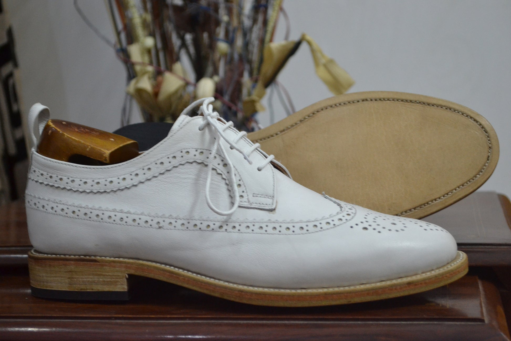 Handmade White Color Genuine Leather Wing Tip Brogues Stylish Oxfords Dress Shoes For Men's