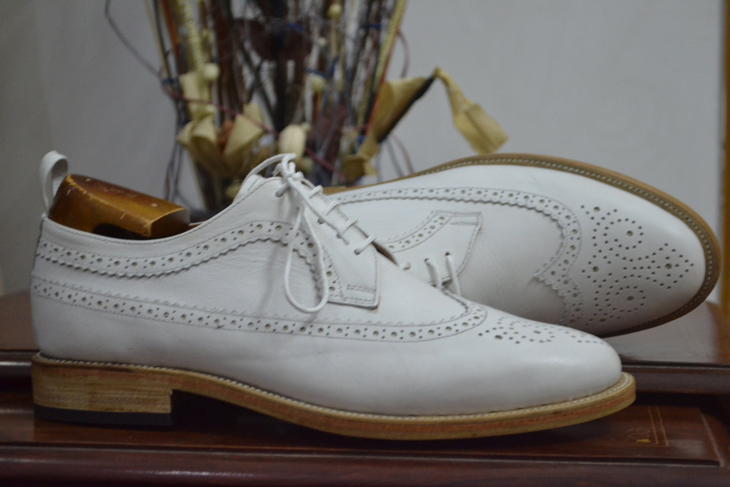 Handmade White Color Genuine Leather Wing Tip Brogues Stylish Oxfords Dress Shoes For Men's