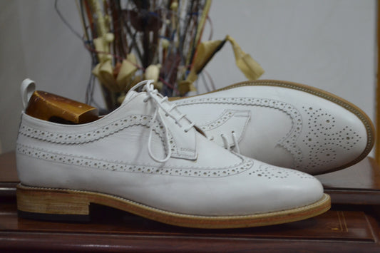 Handmade White Color Genuine Leather Wing Tip Brogues Stylish Oxfords Dress Shoes For Men's