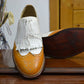 Handmade Tan & White Color Genuine Leather Wing Tip Brogues Stylish Fringed Bearded Leather Dress Shoes For Men's