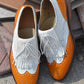 Handmade Tan & White Color Genuine Leather Wing Tip Brogues Stylish Fringed Bearded Leather Dress Shoes For Men's