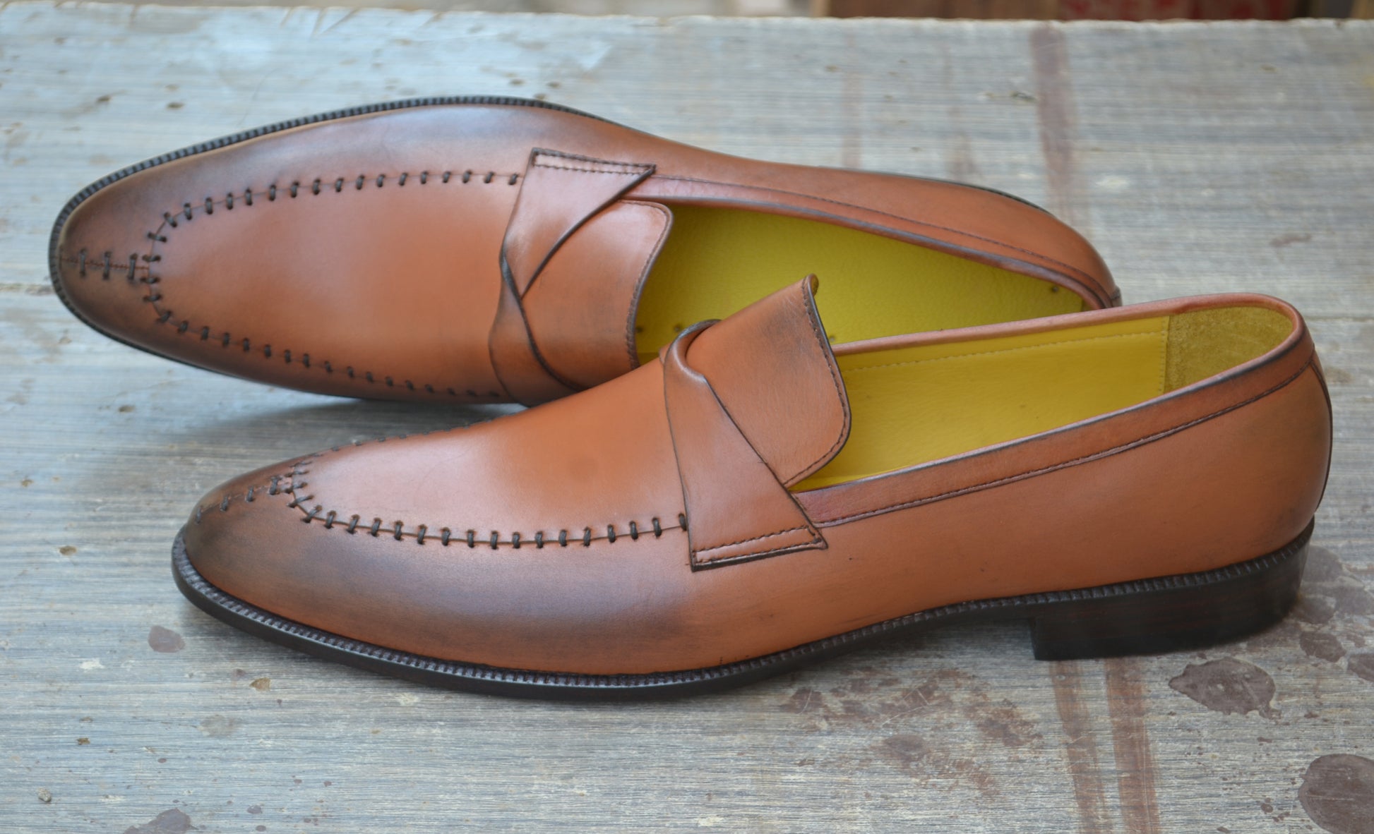 Handmade Brown Color Genuine Leather Stylish Loafers Apron Toe Split Toe Shoes For Men's