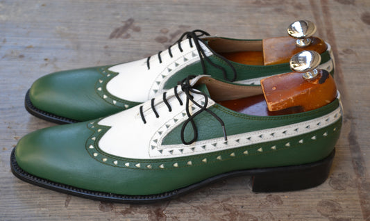 Handmade White & Green Color Genuine Leather Wing Tip Stylish Oxfords Dress Shoes For Men's