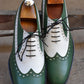 Handmade White & Green Color Genuine Leather Wing Tip Stylish Oxfords Dress Shoes For Men's