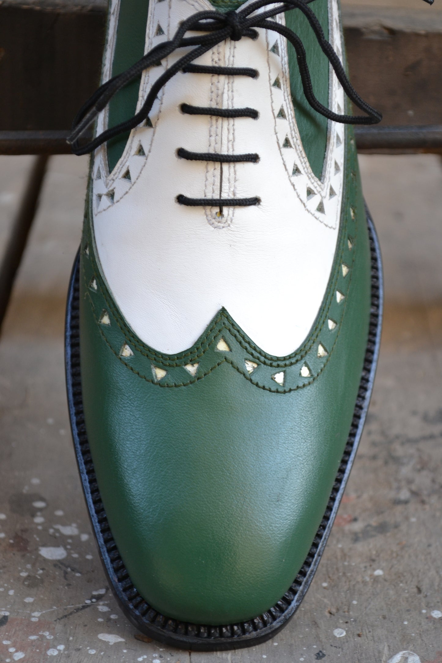 Handmade White & Green Color Genuine Leather Wing Tip Stylish Oxfords Dress Shoes For Men's