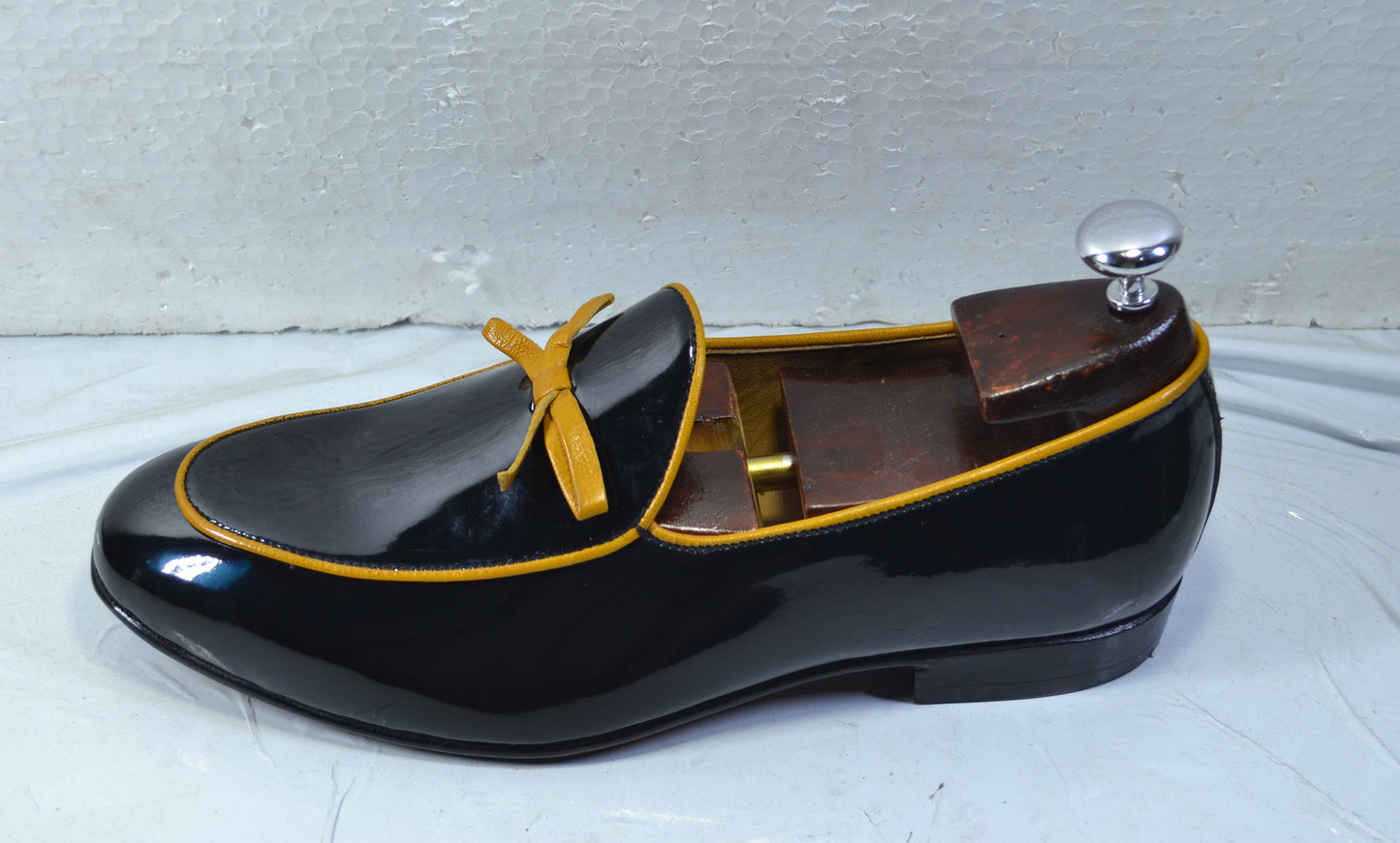 Handmade Black Color Genuine Patent Leather Stylish Apron Toe Loafers Shoes For Men's