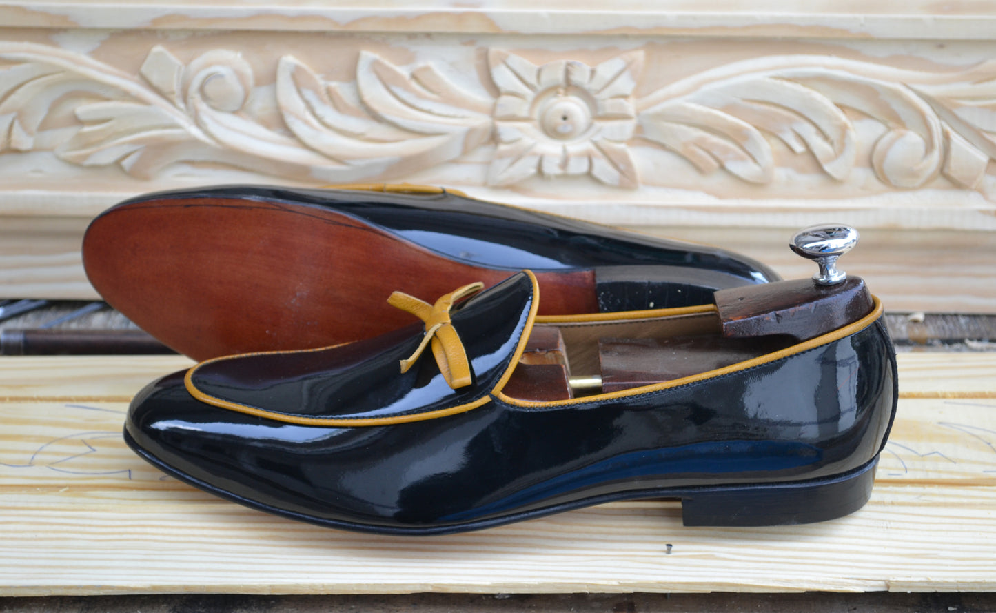 Handmade Black Color Genuine Patent Leather Stylish Apron Toe Loafers Shoes For Men's