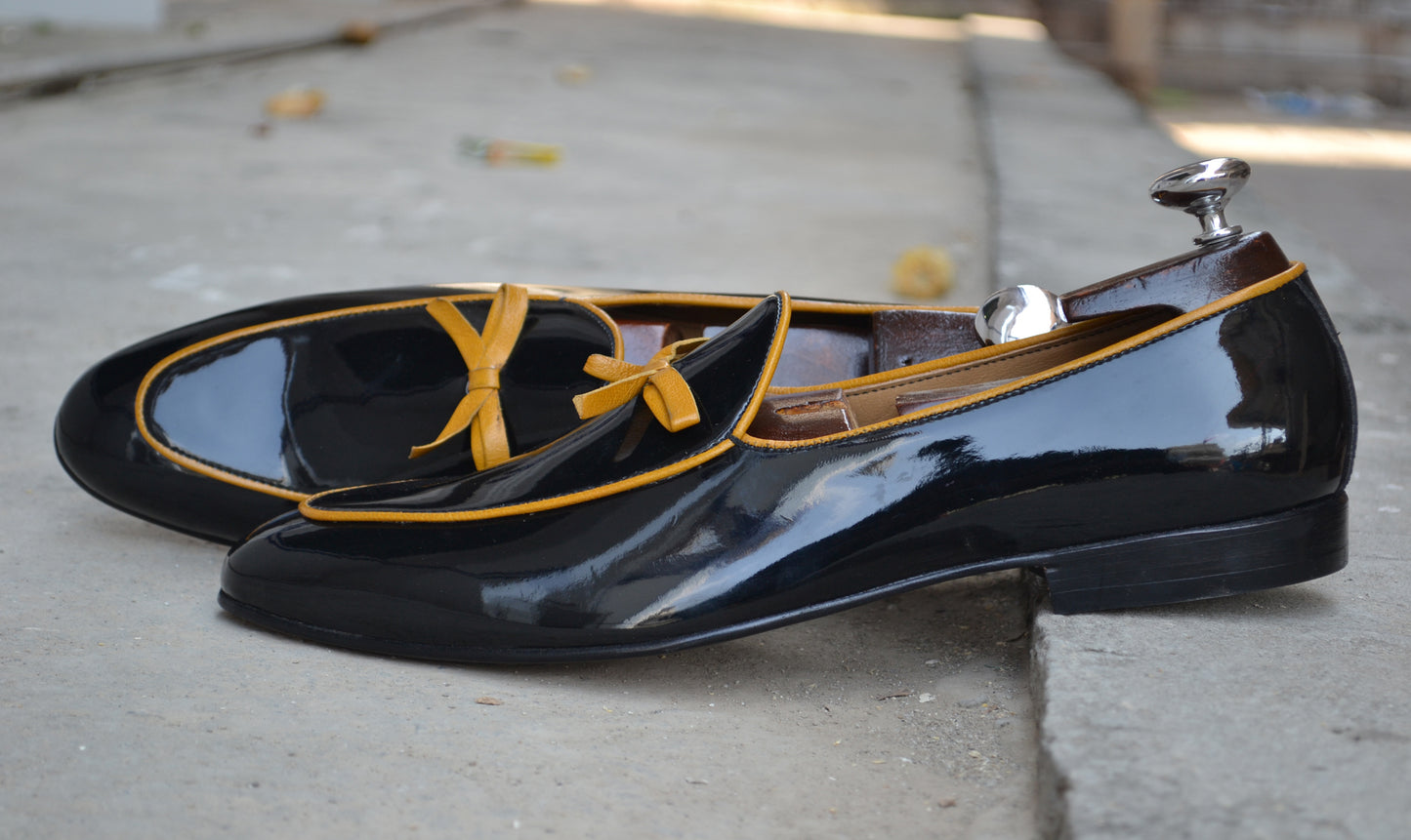 Handmade Black Color Genuine Patent Leather Stylish Apron Toe Loafers Shoes For Men's