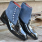 Handmade Black & Blue Genuine Patent Leather & Suede High Ankle Stylish Side Buttons Boots For Men's