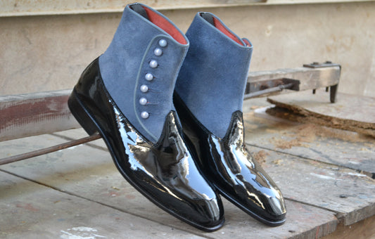 Handmade Black & Blue Genuine Patent Leather & Suede High Ankle Stylish Side Buttons Boots For Men's