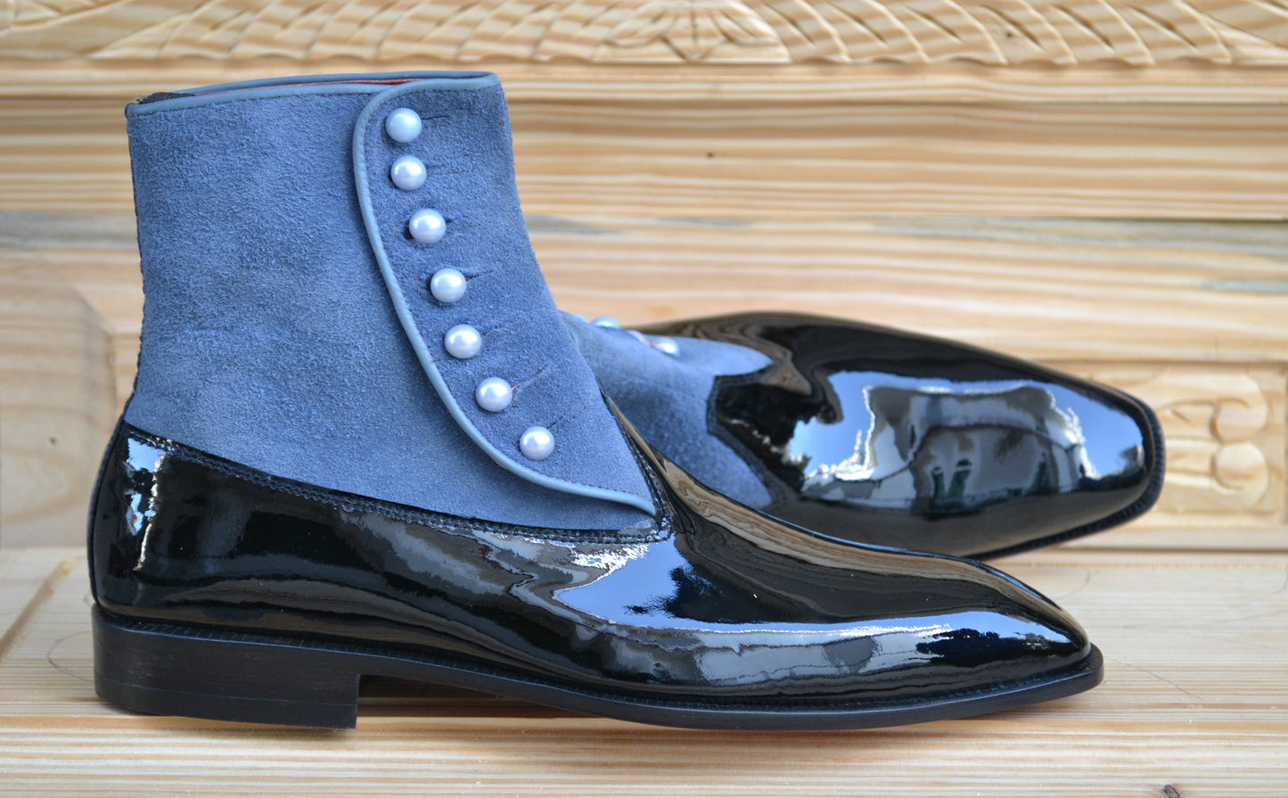Handmade Black & Blue Genuine Patent Leather & Suede High Ankle Stylish Side Buttons Boots For Men's