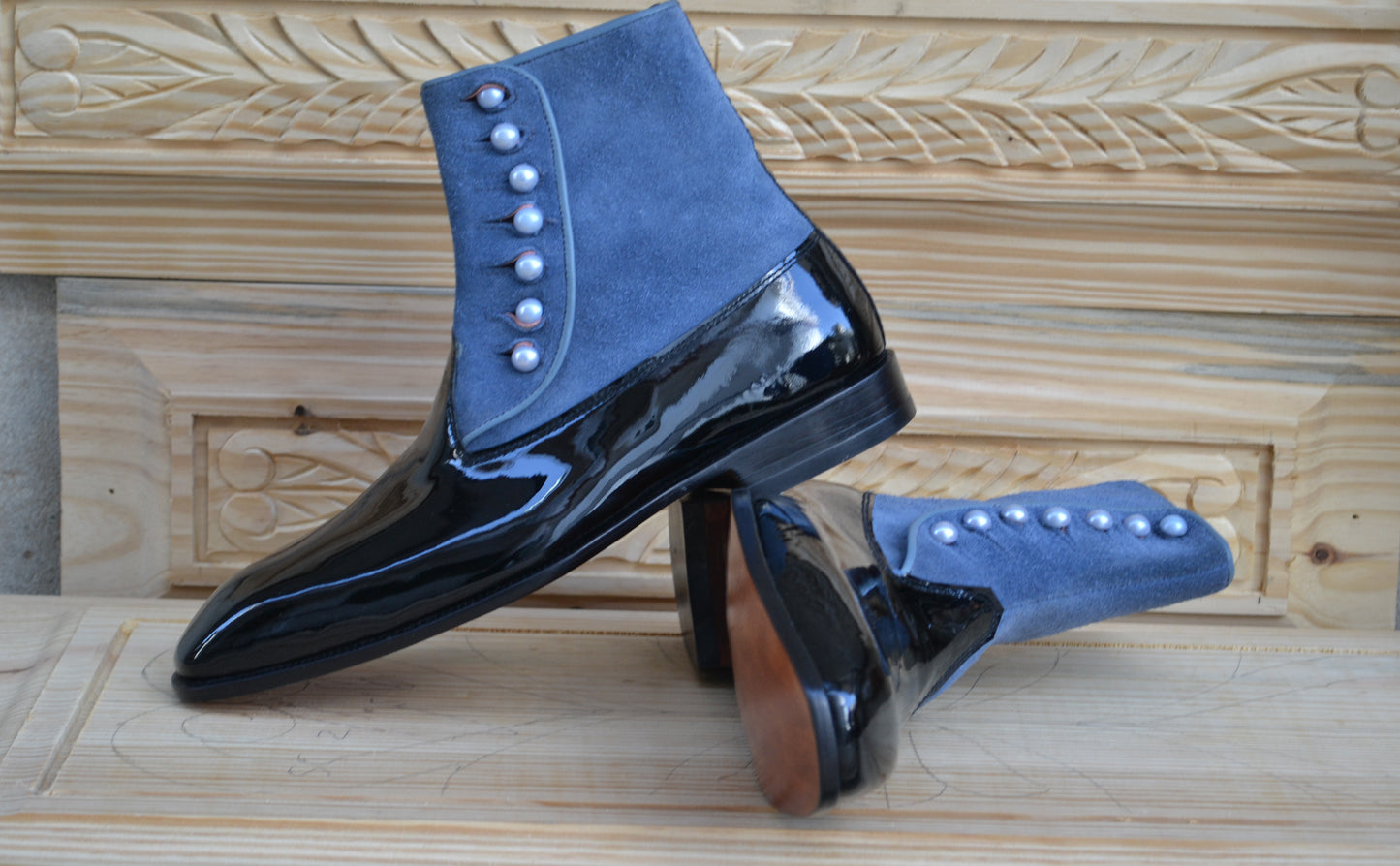 Handmade Black & Blue Genuine Patent Leather & Suede High Ankle Stylish Side Buttons Boots For Men's