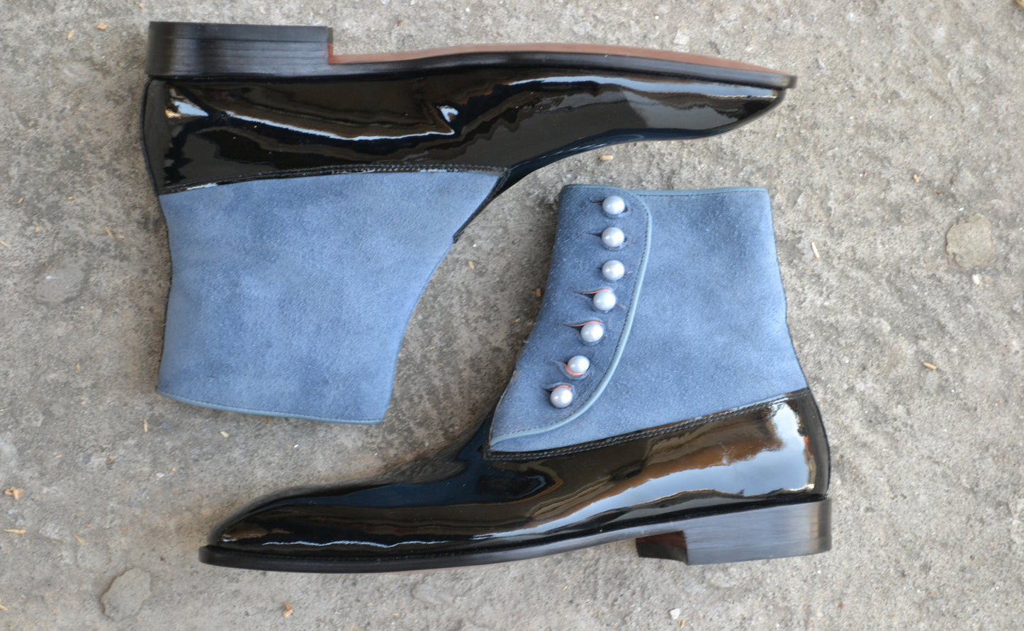 Handmade Black & Blue Genuine Patent Leather & Suede High Ankle Stylish Side Buttons Boots For Men's