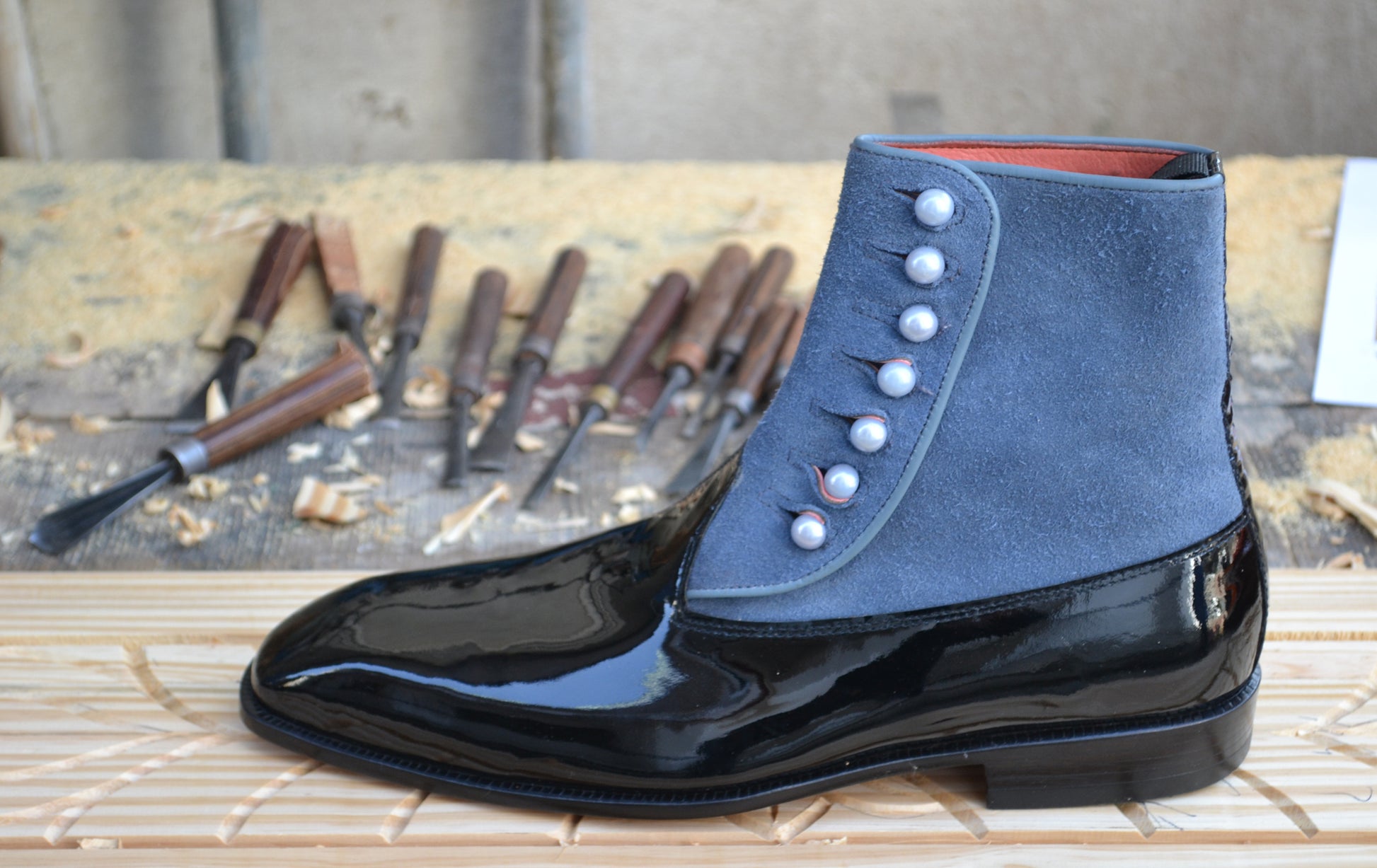 Handmade Black & Blue Genuine Patent Leather & Suede High Ankle Stylish Side Buttons Boots For Men's
