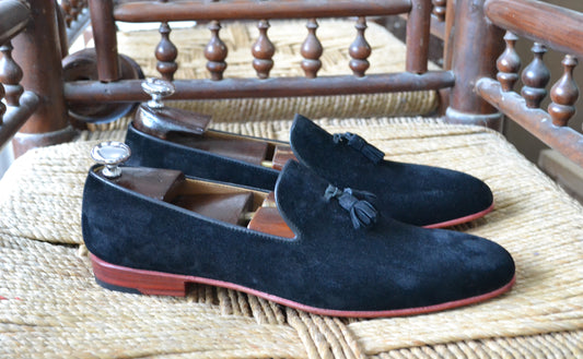 Handmade Dark Blue Color Genuine Suede Stylish Loafers Tasseled Shoes For Men's