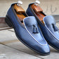 Handmade Dark Blue Color Genuine Leather Stylish Apron Toe Loafers Tasseled Shoes For Men's