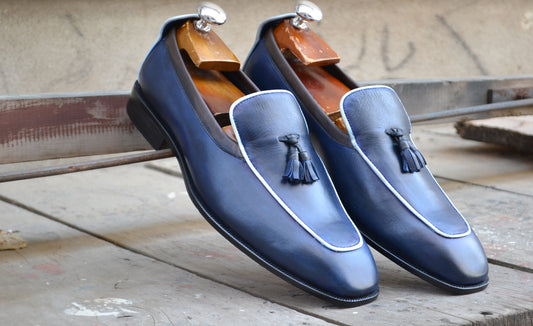 Handmade Dark Blue Color Genuine Leather Stylish Apron Toe Loafers Tasseled Shoes For Men's