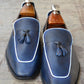 Handmade Dark Blue Color Genuine Leather Stylish Apron Toe Loafers Tasseled Shoes For Men's