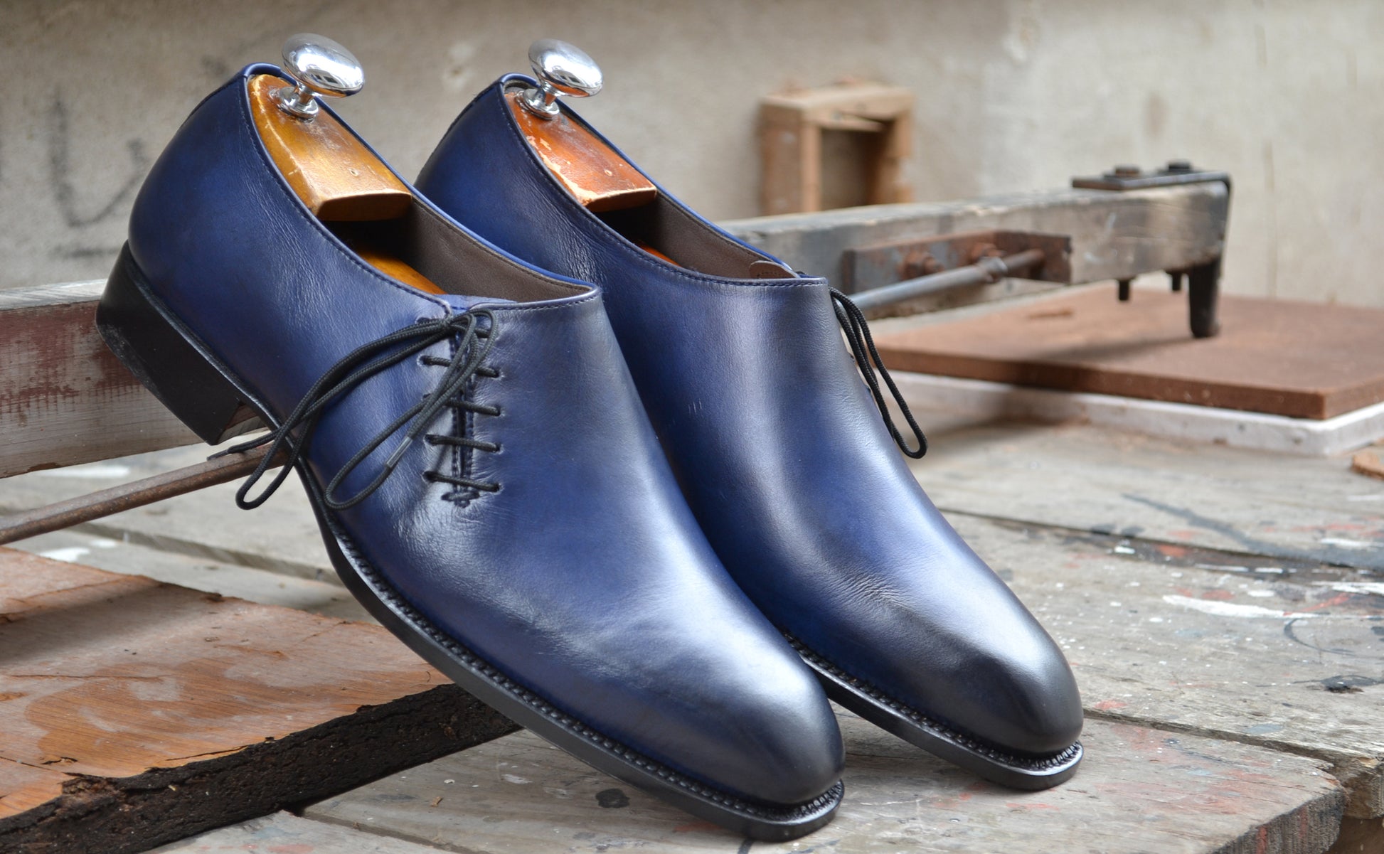 Handmade Blue Color Genuine Leather Stylish Side Lace Up Shoes For Men's