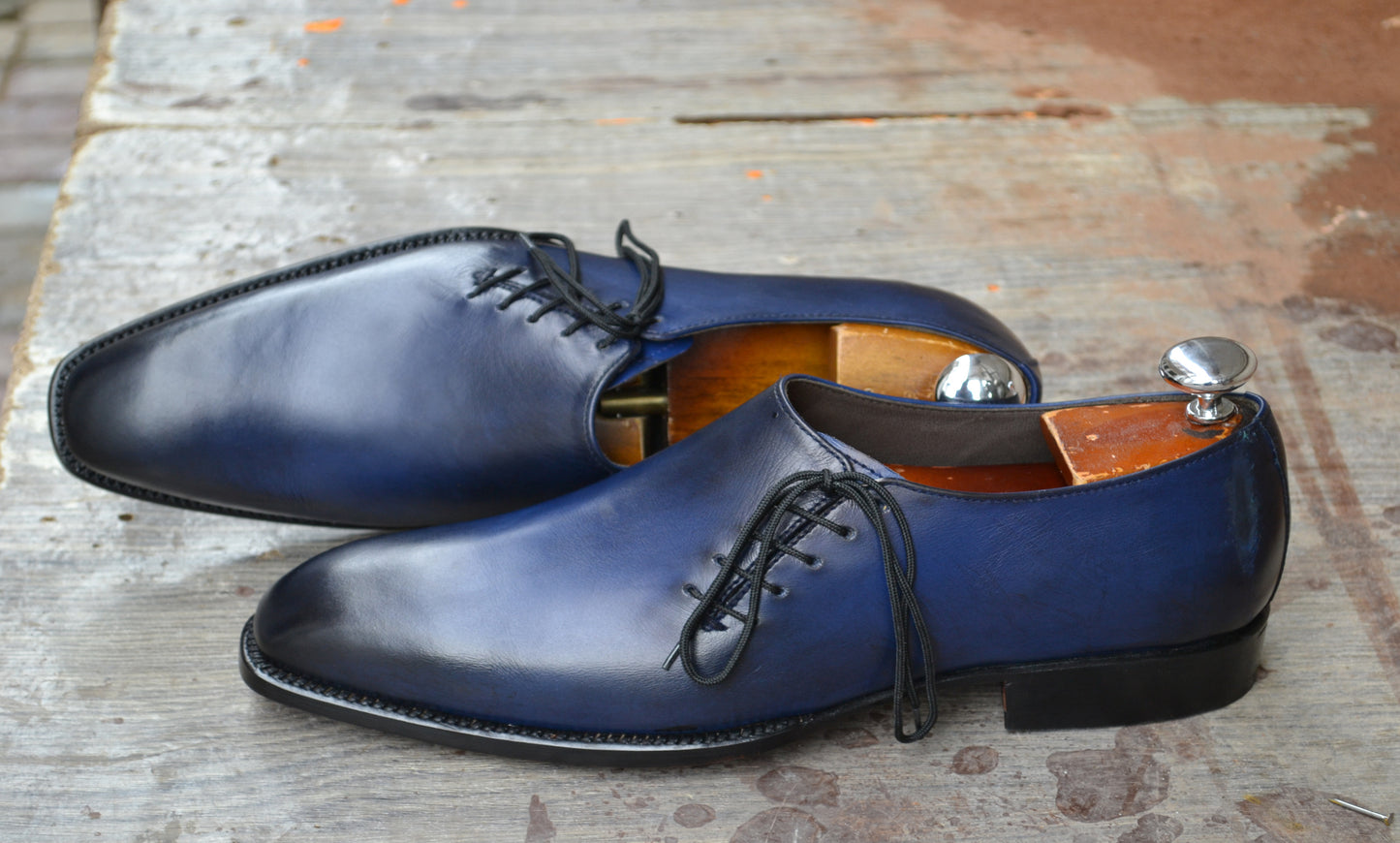 Handmade Blue Color Genuine Leather Stylish Side Lace Up Shoes For Men's