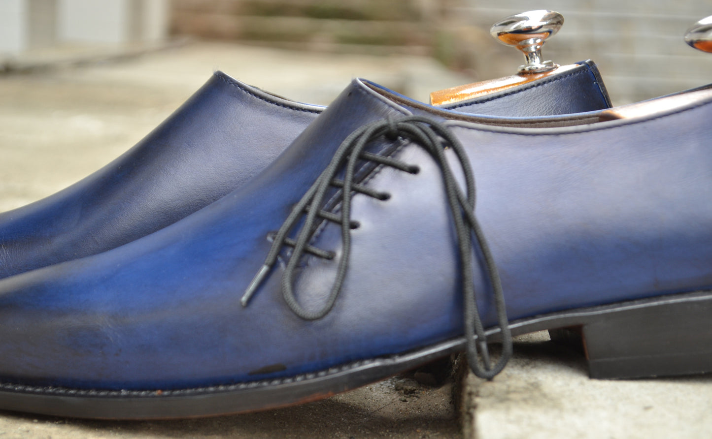 Handmade Blue Color Genuine Leather Stylish Side Lace Up Shoes For Men's