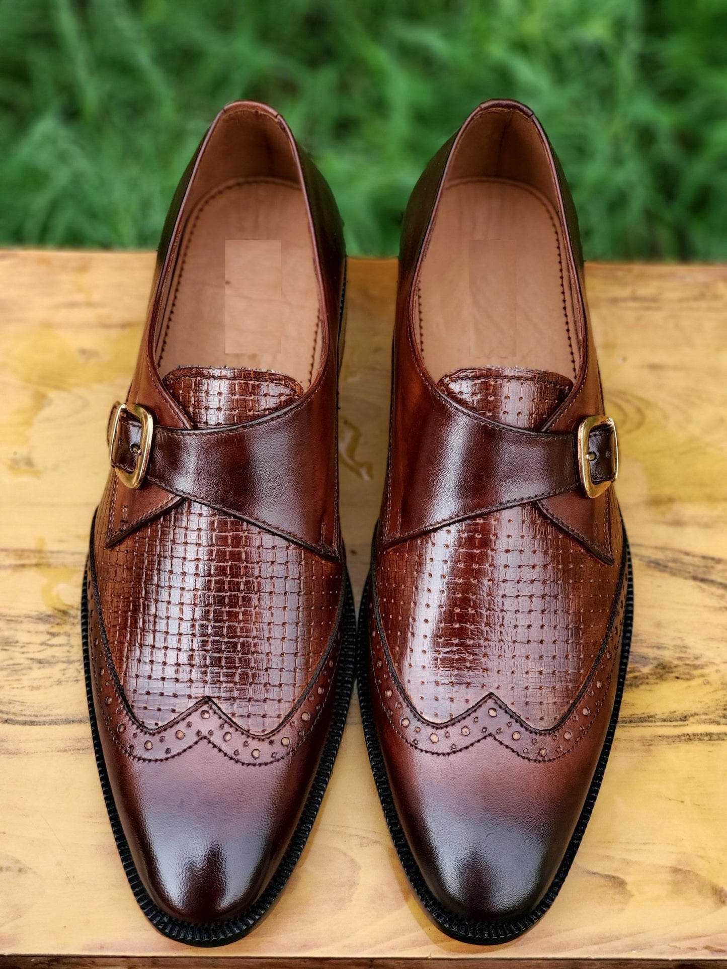 Handmade Maroon Color Genuine Leather Dotted Stylish Wing Tip Oxfords Shoes For Men's