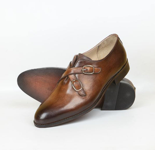 Handmade Brown Color Genuine Calf Leather Stylish Cross Double Monk Strap Shoes For Men's