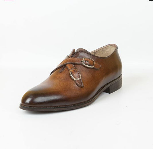 Handmade Brown Color Genuine Calf Leather Stylish Cross Double Monk Strap Shoes For Men's