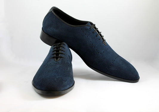 Handmade Navy Blue Color Original Leather Suede Whole Cut Stylish Oxfords Dress Shoes For Men's