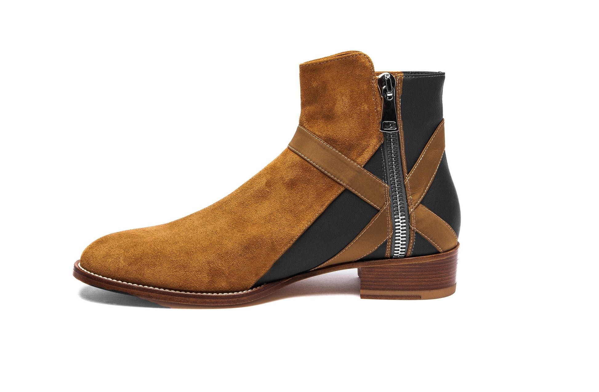 Handmade Black & Brown Genuine Leather & Suede High Ankle Stylish Side Zipper Boots For Men's