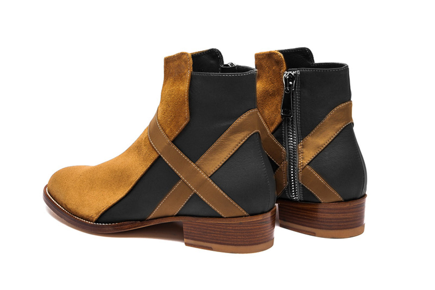 Handmade Black & Brown Genuine Leather & Suede High Ankle Stylish Side Zipper Boots For Men's