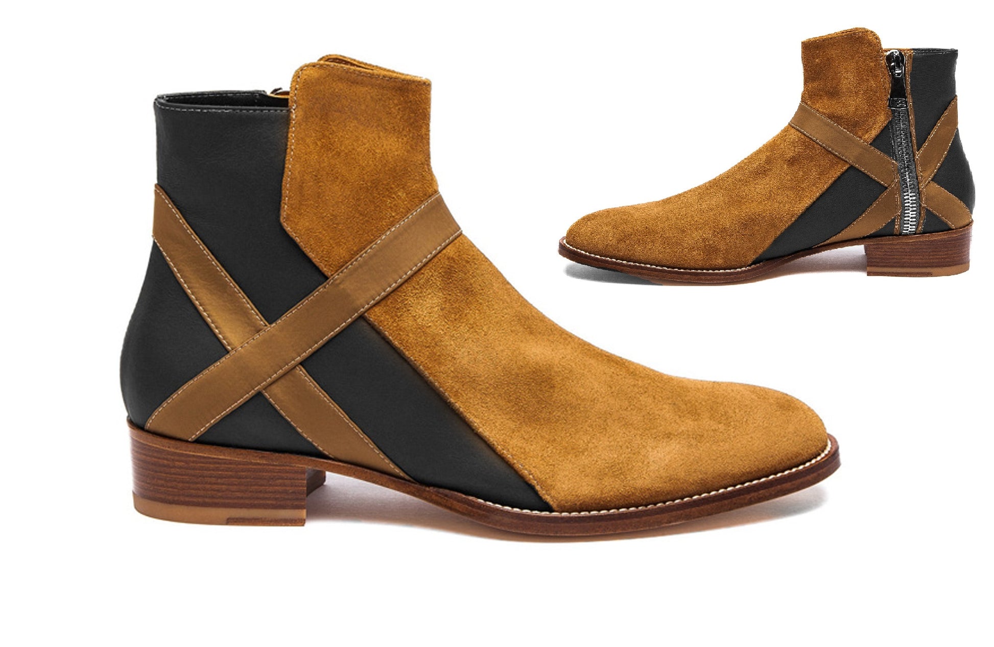 Handmade Black & Brown Genuine Leather & Suede High Ankle Stylish Side Zipper Boots For Men's